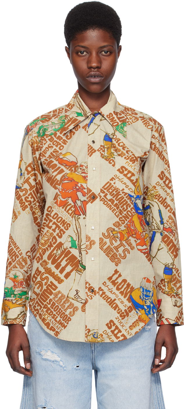 Skjorte ERL Brown Graphic-Print Cotton Button-Up Shirt Beige | ERL07B006, 0