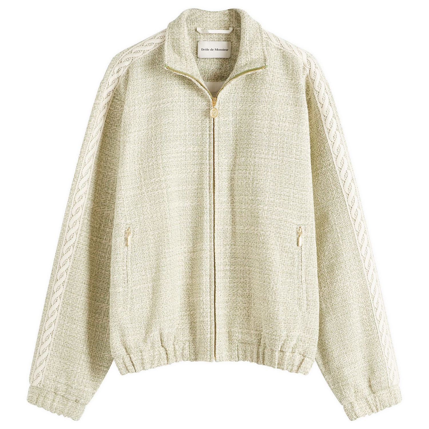 Bomberjakke Drôle de Monsieur Tweed Track Jacket with Cable Knit Sleeves Grøn | G-JT214-CO186-LGN, 1