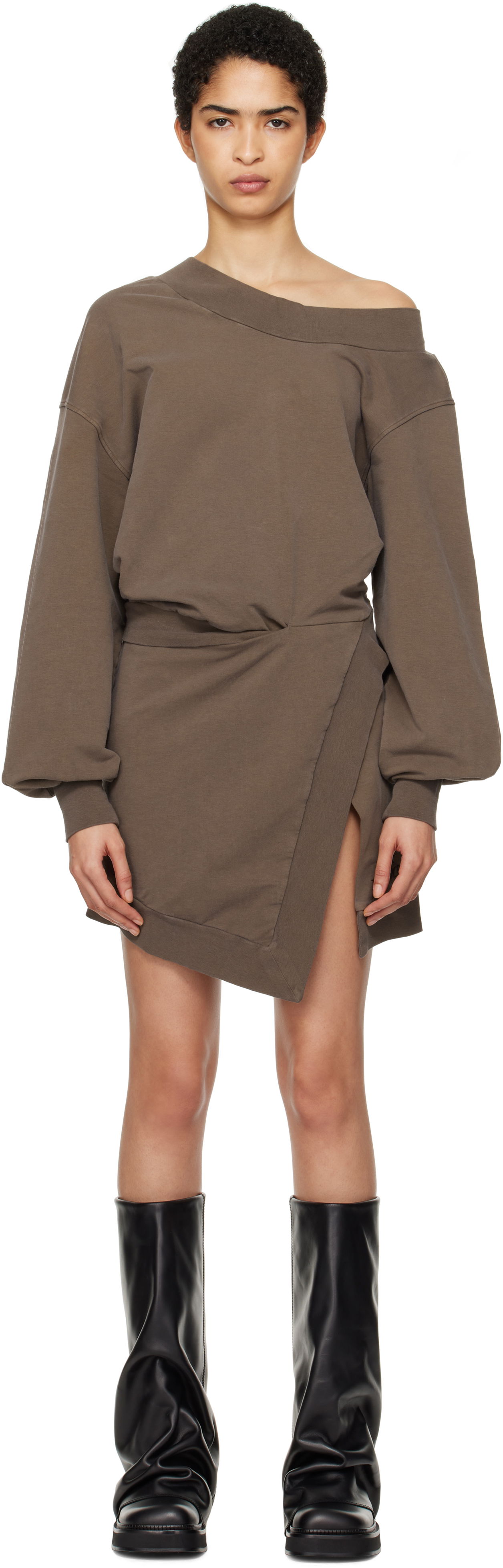 Kjole The Attico Attico Off-Shoulder Draped Sweater Mini Dress Brun | 250WCA00397 JJF006AA, 0