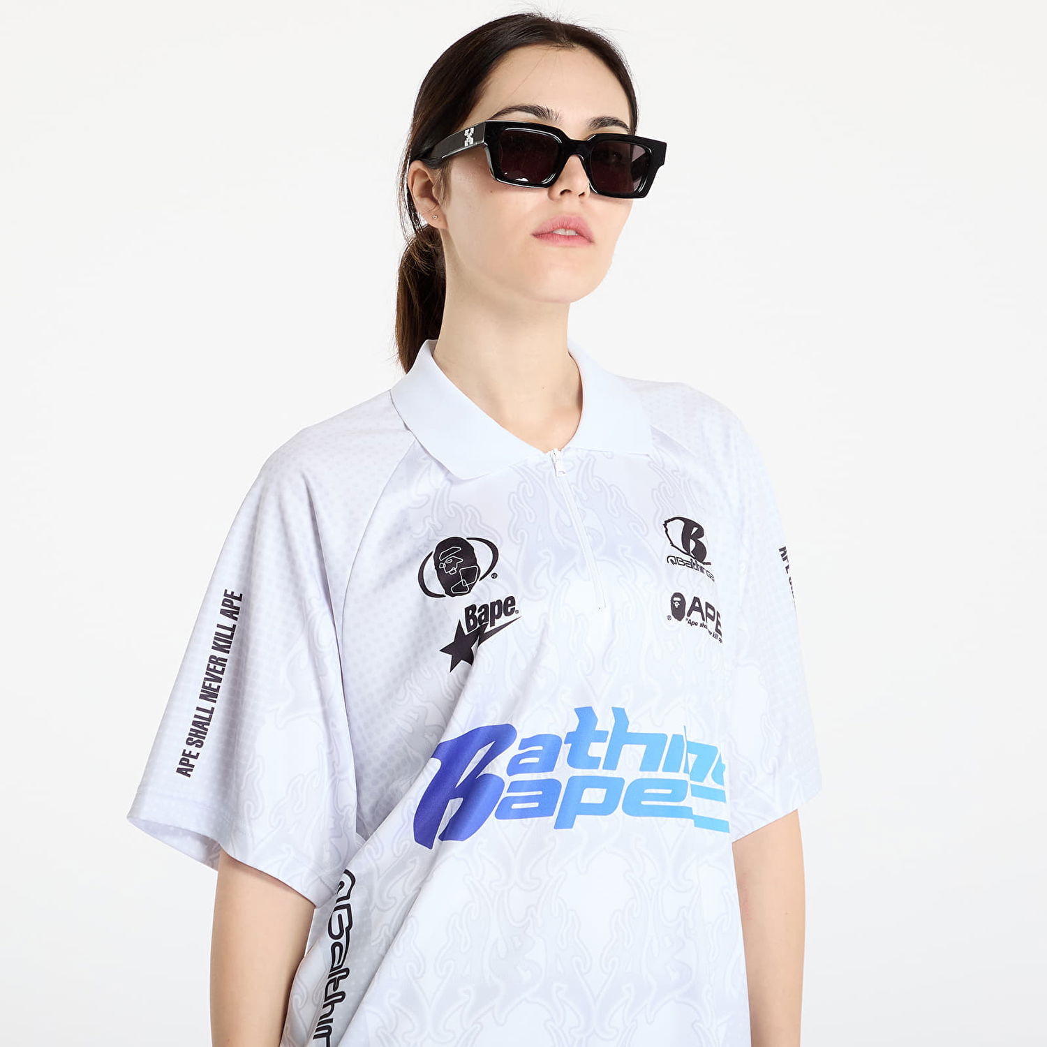 Polo skjorte BAPE A BATHING APE Flame Pattern Overall Print Half Zip Relax Fit Polo Shirt Hvid | 001POL301304MWHT, 1