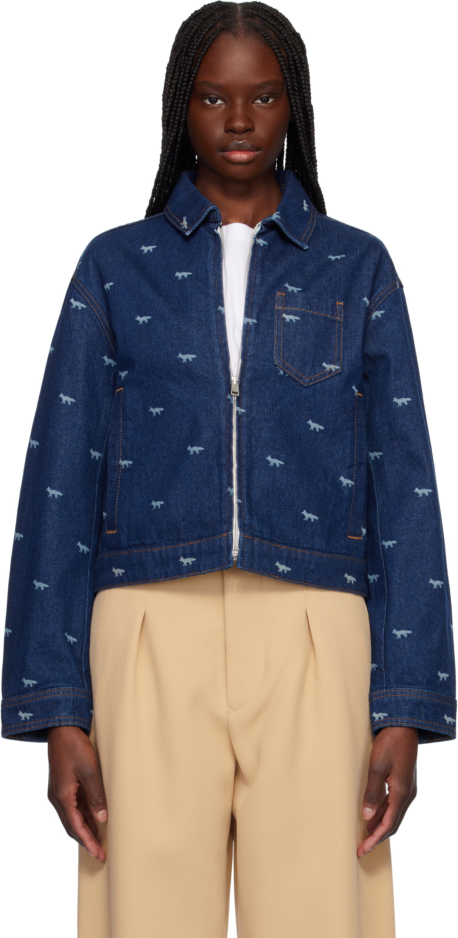 Bomberjakke MAISON KITSUNÉ Maison Kitsuné Zipped Cropped Denim Jacket Blå | OW02104WD4014, 0