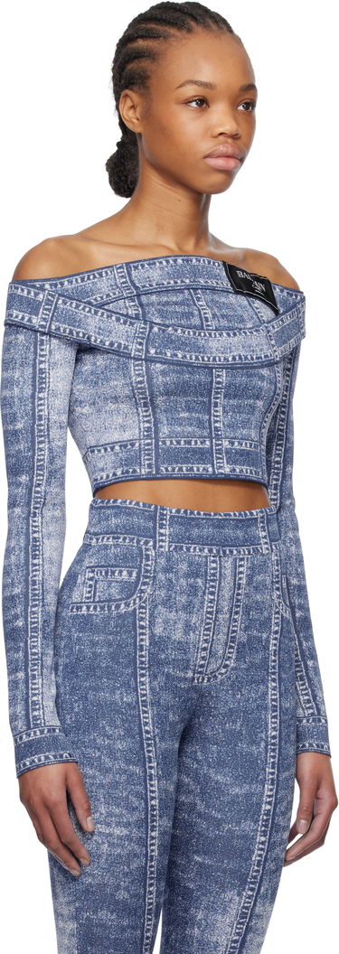 Træningsdragt Balmain Balmain Denim Off-Shoulder Top Blå | EF1AO385KH80, 1
