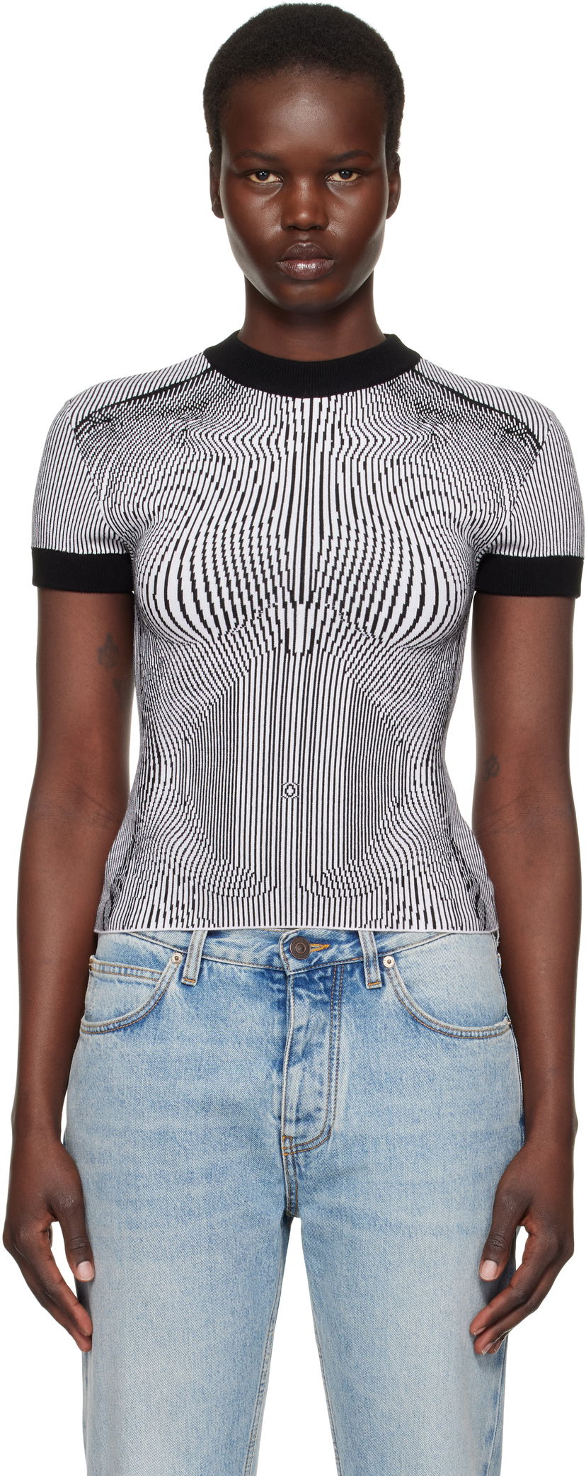 Sweater Jean Paul Gaultier Jean Paul Gaultier Morphing Pinstripes Jacquard T-Shirt Sort | 25/33-F-TS110-M084-0100