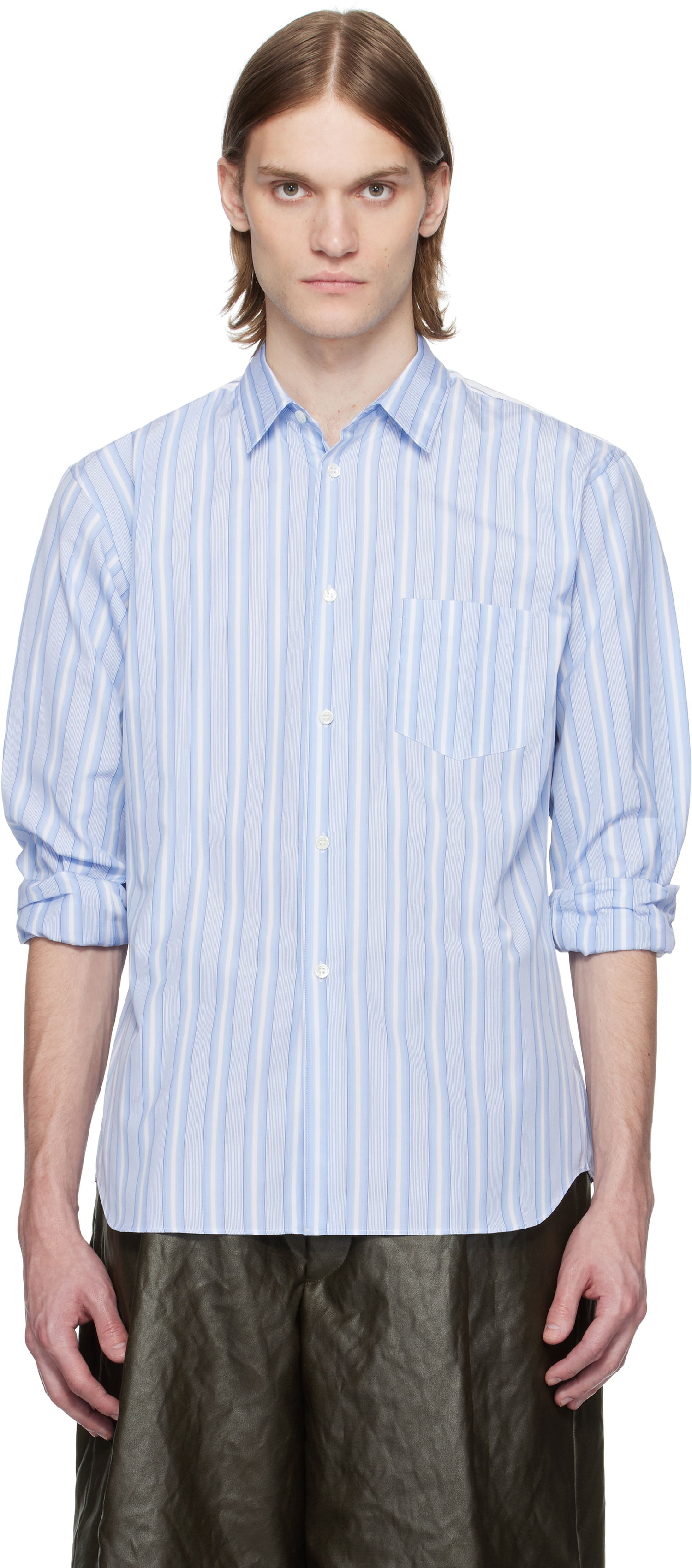 Skjorte Comme des Garçons Comme des Garçons Shirt Yarn Dyed Stripe Poplin Shirt Blå | FZ-B401-051, 0