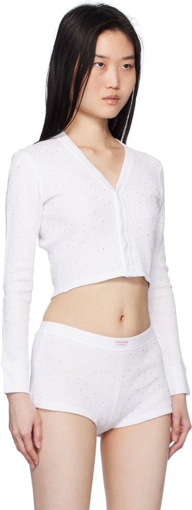 Sweater Alexander Wang White Crystal Hotfix Long-Sleeve Waffle Cardigan Hvid | 8C4245810T, 1