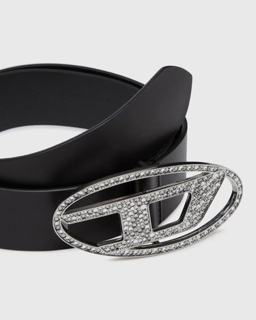 Bælter Diesel Black Leather Belt With Crystal Embellished Logo Buckle Sort | X09611-P6364-T8013, 2
