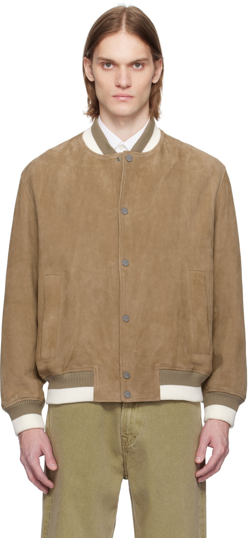 Bomberjakke BOSS HUGO Ribbed-Trim Suede Bomber Jacket Brun | 50534326