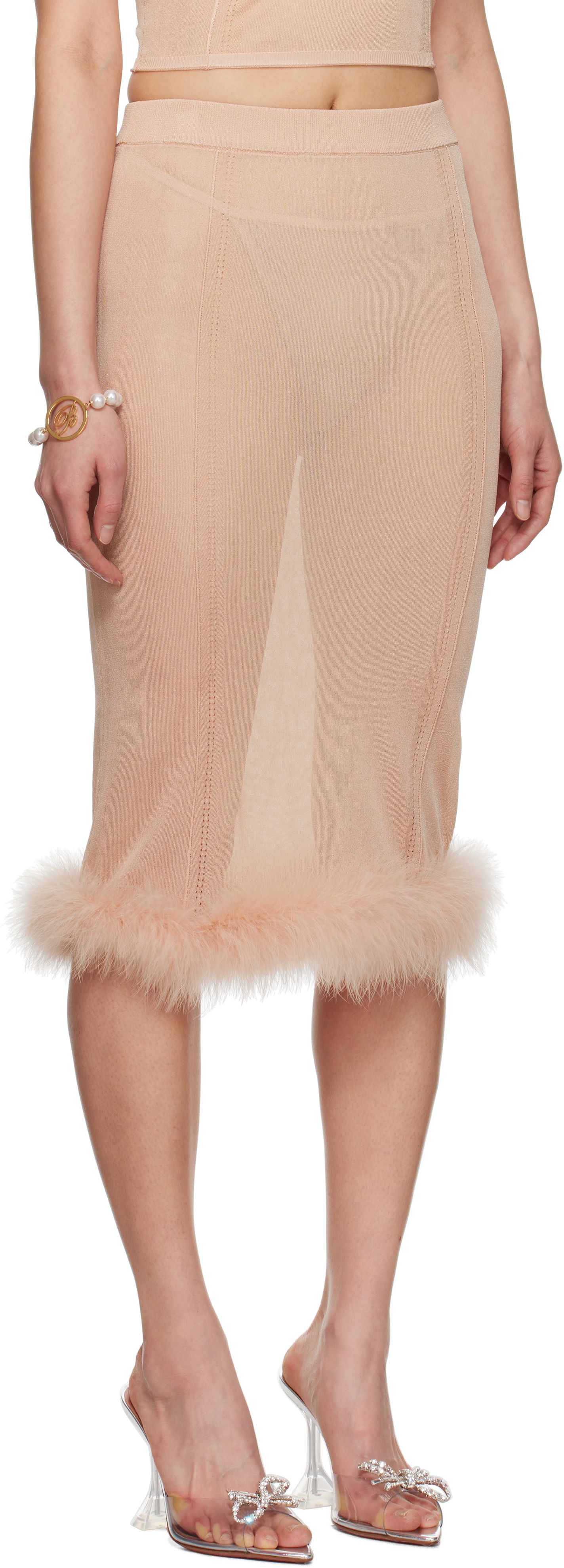 Nederdel Blumarine Blumarine Knit Midi Skirt with Feather Trim Beige | P522G234A, 1