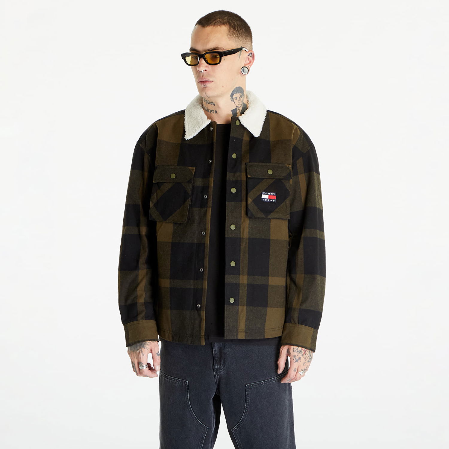 Skjorte Tommy Hilfiger Tommy Jeans Check Sherpa Lin Overshirt Green Grøn | DM0DM17250 MR1, 0