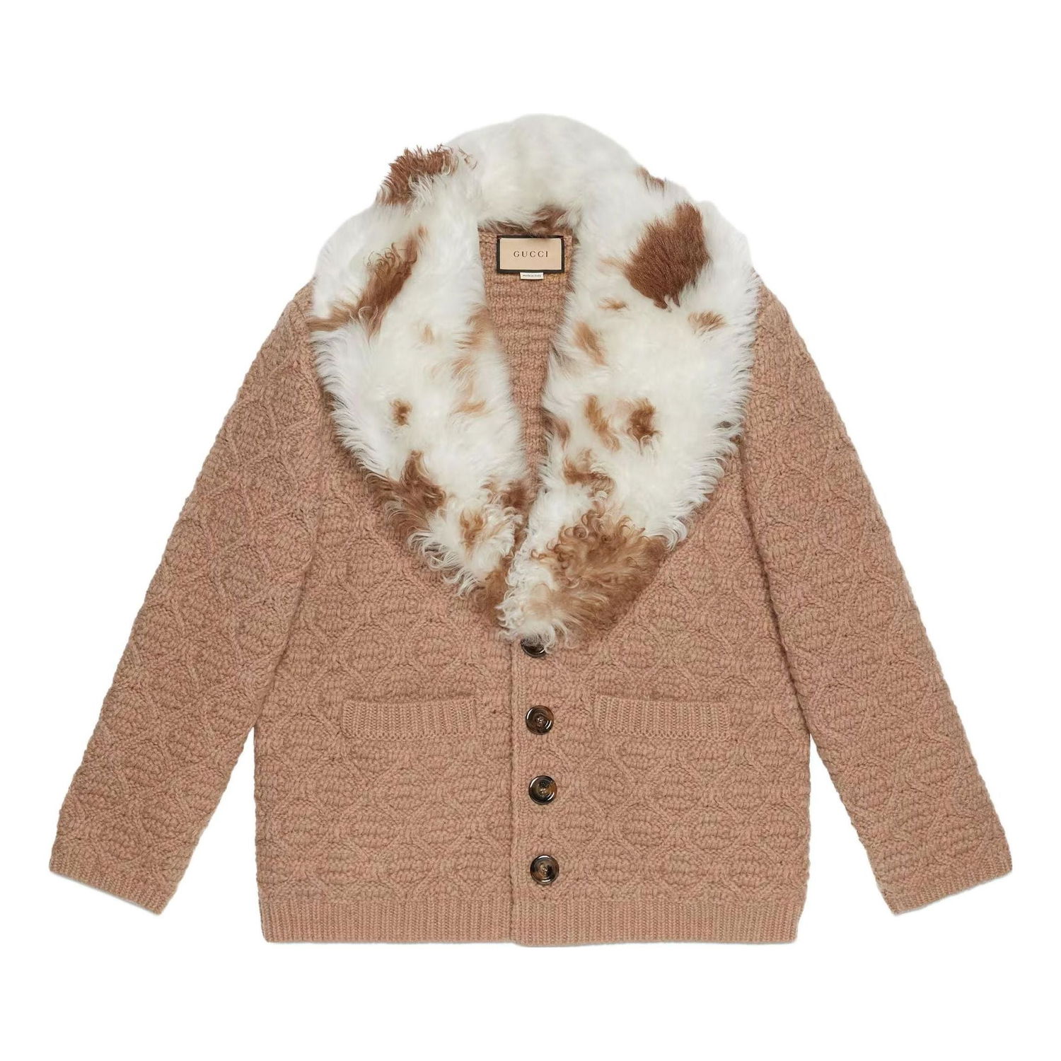 Frakker Gucci Gucci Wool Knit Coat with Shearling Collar Beige | 706756-XKCKM-2602, 0