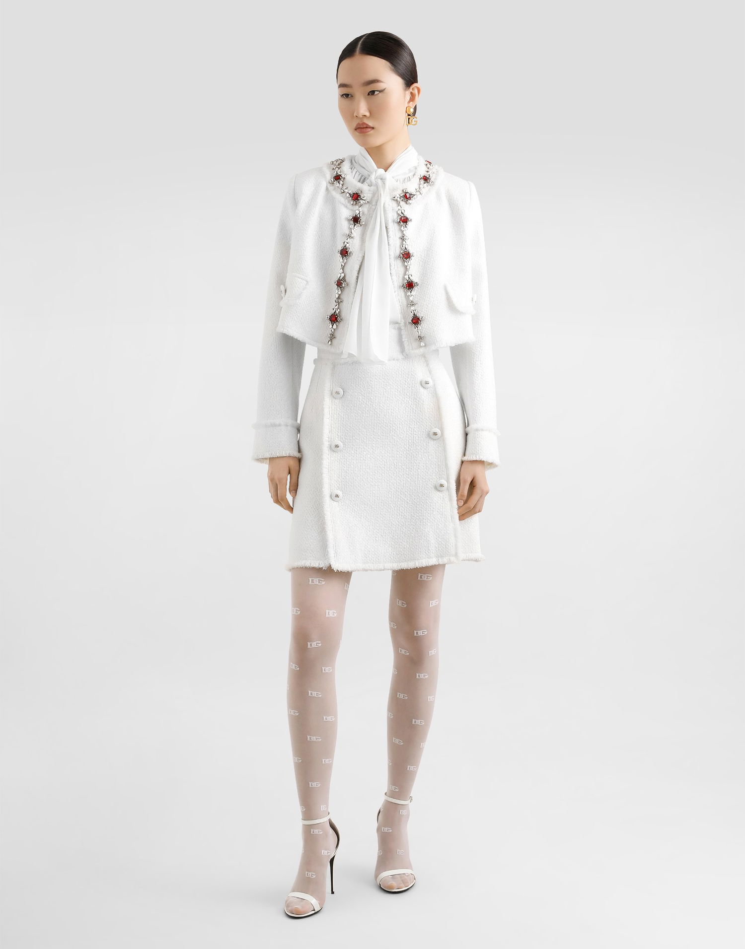 Jakke Dolce & Gabbana Dolce & Gabbana Short Tweed Jacket With Jewel Embroidery Hvid | F26X8ZHUMUAW3789, 1