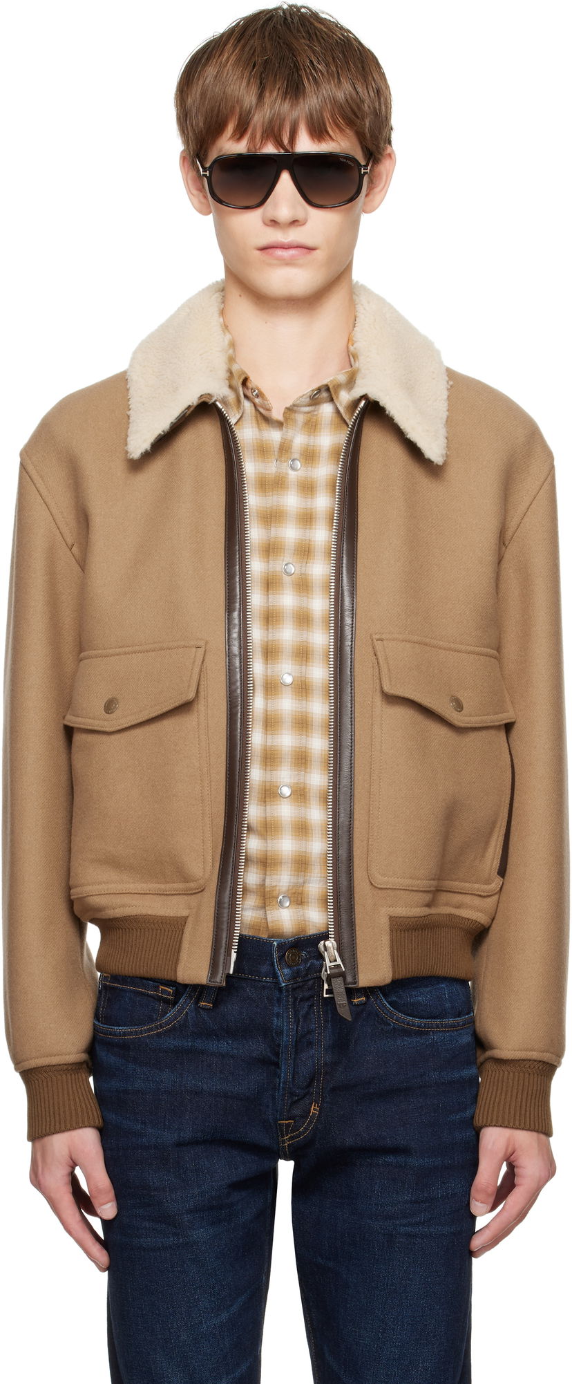 Bomberjakke Tom Ford TOM FORD Double Splittable Shearling Collar Bomber Jacket Brun | OBH002-FMW058