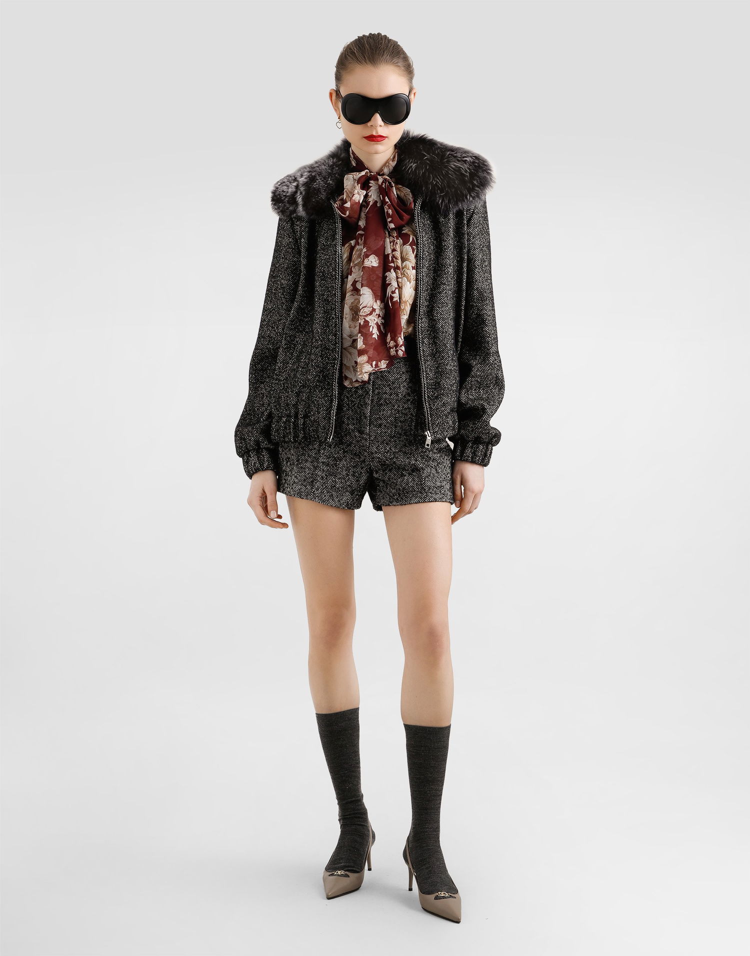 Bomberjakke Dolce & Gabbana Dolce & Gabbana Chevron Wool Bomber Jacket with Fur Collar Grå | F9S93TFCBAJS8030, 1