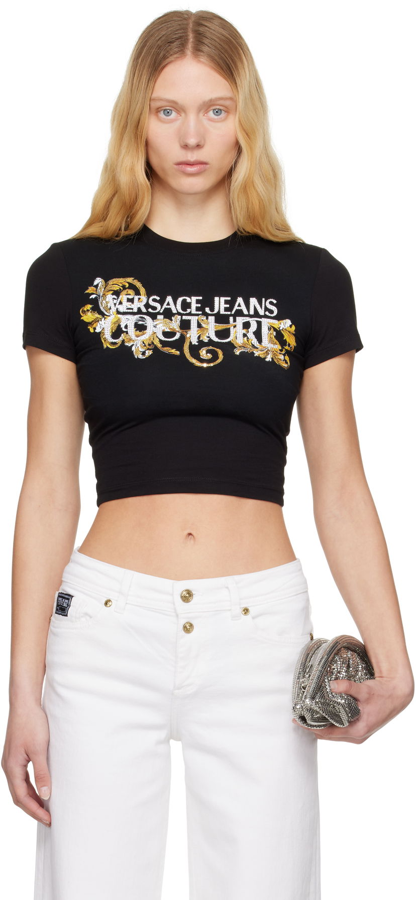 Crop top Versace Versace Jeans Couture Crystal Outline Barocco Cropped T-Shirt Sort | E78HAHC05_ECJ02C