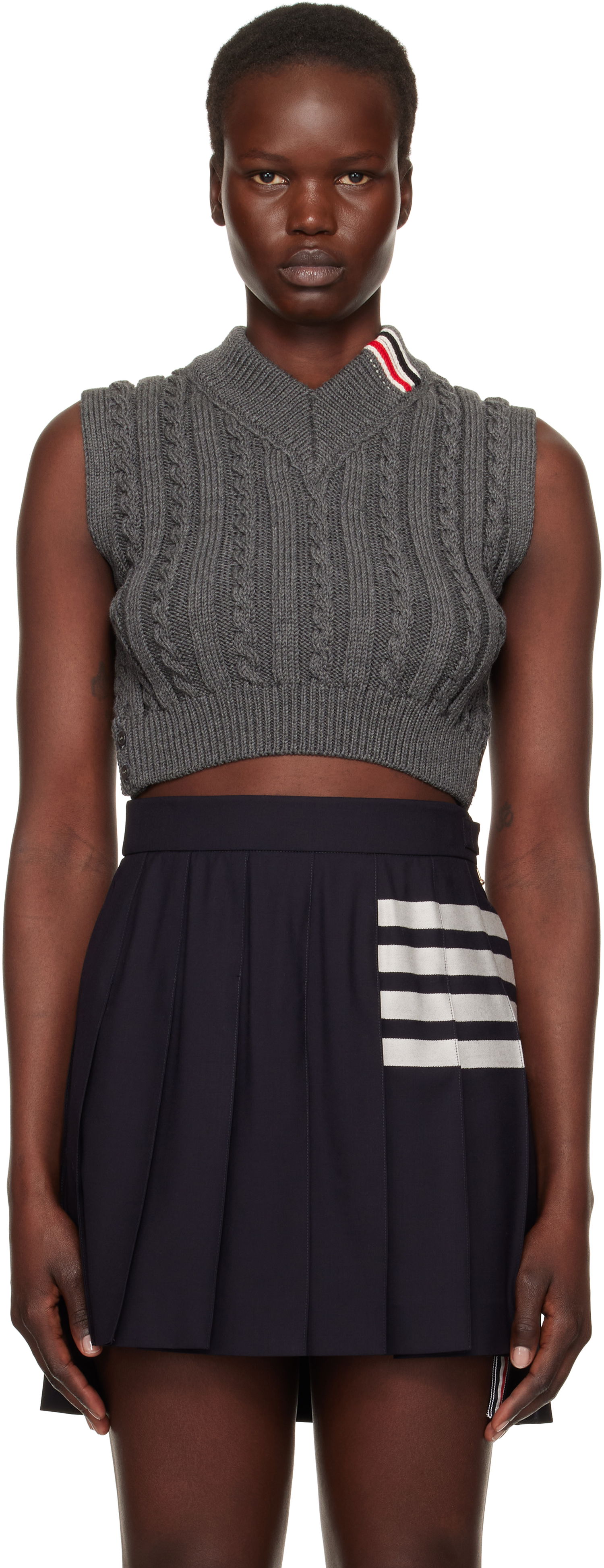 Nederdel Thom Browne Cable Cropped V-Neck Vest Blå | FKV202A-Y1024, 0