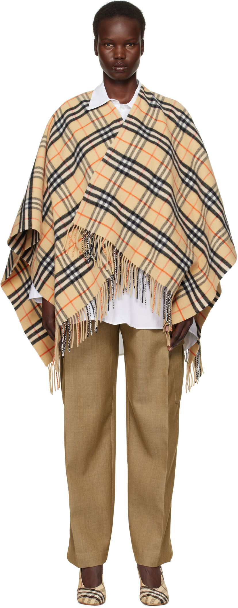 Tørklæde Burberry Wool Cashmere Cape Coat with Fringe Beige | 8102992