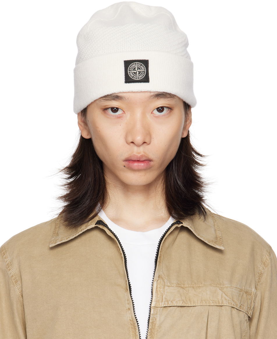Beanie Stone Island Off-White Knitted Badge Beanie Hvid | 8115N07B5, 0