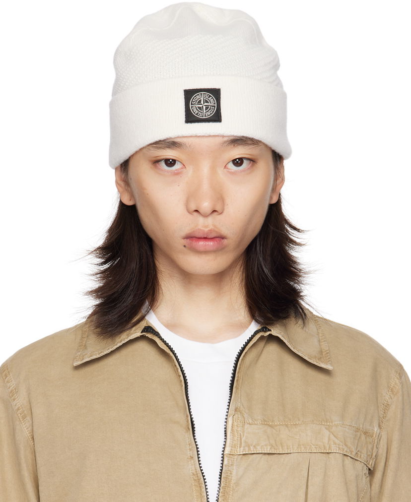 Beanie Stone Island Off-White Knitted Badge Beanie Hvid | 8115N07B5