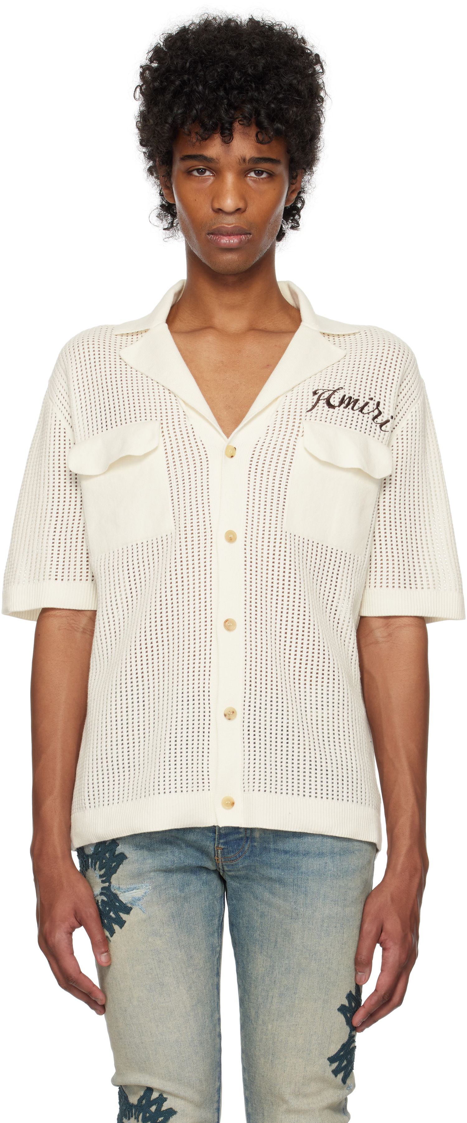 Skjorte AMIRI AMIRI Mesh Knitted Shirt Hvid | AMKNIR1011, 0