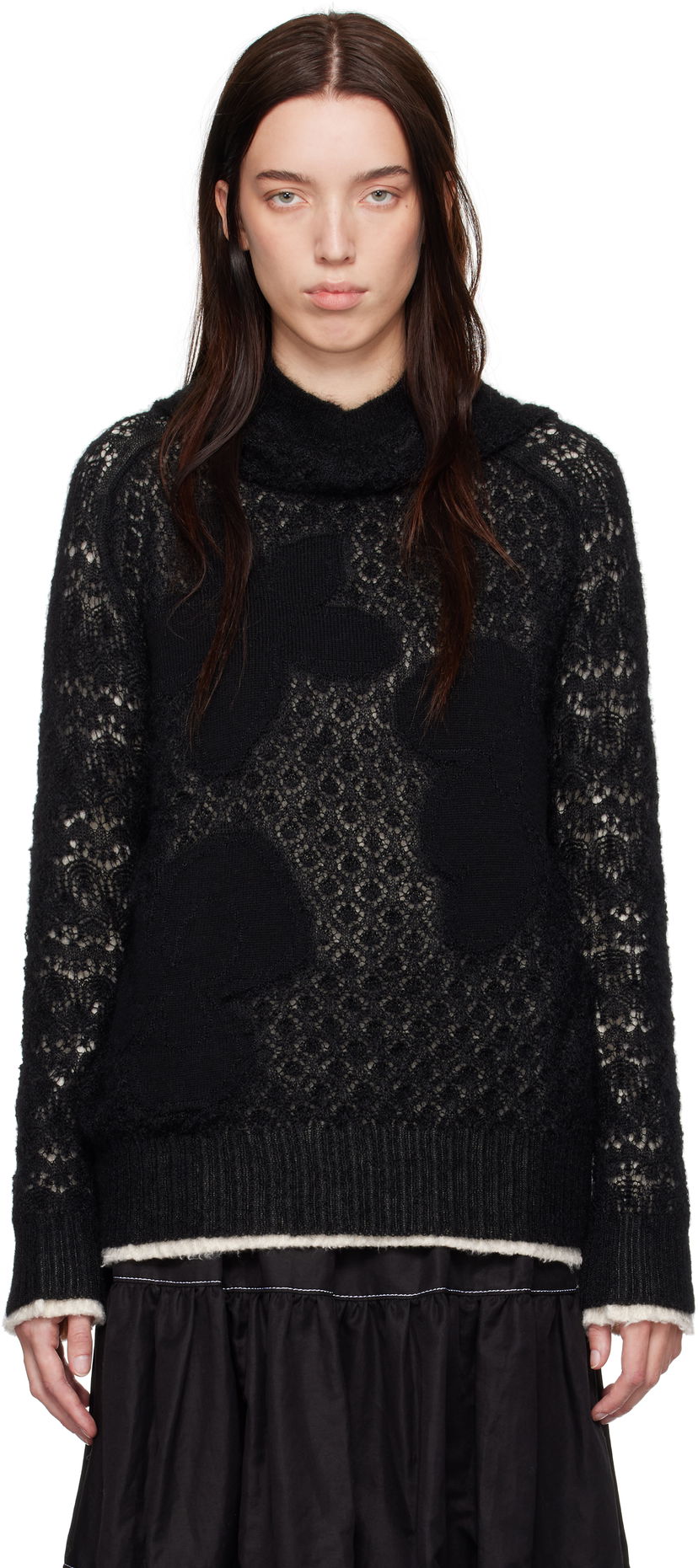 Sweater Comme des Garçons Comme Des Garçons Wool Lace Pattern Intarsia Hoodie Sort | TN-N024-051