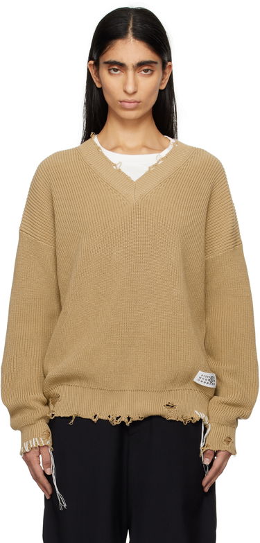 Sweater Maison Margiela MM6 Maison Margiela Eaten Knit V-Neck Sweater Beige | SH0HN0001 M13089, 0