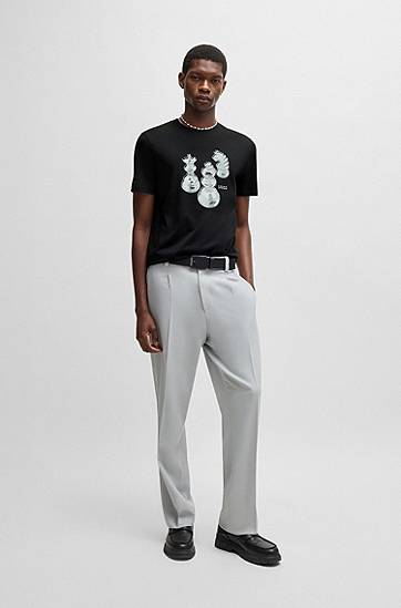 T-shirt BOSS HUGO Cotton-Jersey T-Shirt with Chess Print Sort | 50532918, 1