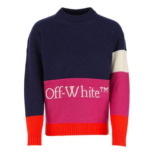Sweater Off-White Colorblock Logo Round Neck Sweater Blå | OMHE048R21KNI0014972, 0