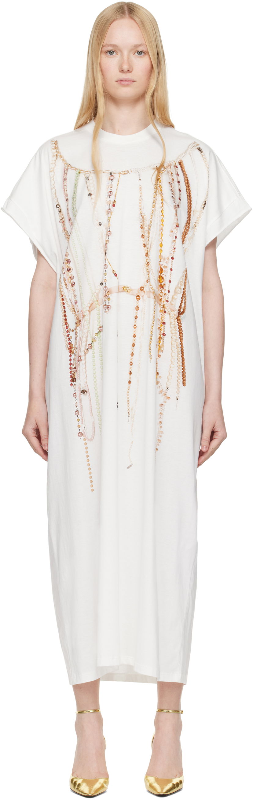 Kjole Maison Margiela MM6 Maison Margiela Jersey Midi Dress with Beaded Graphic Hvid | S62DG0049 M20118
