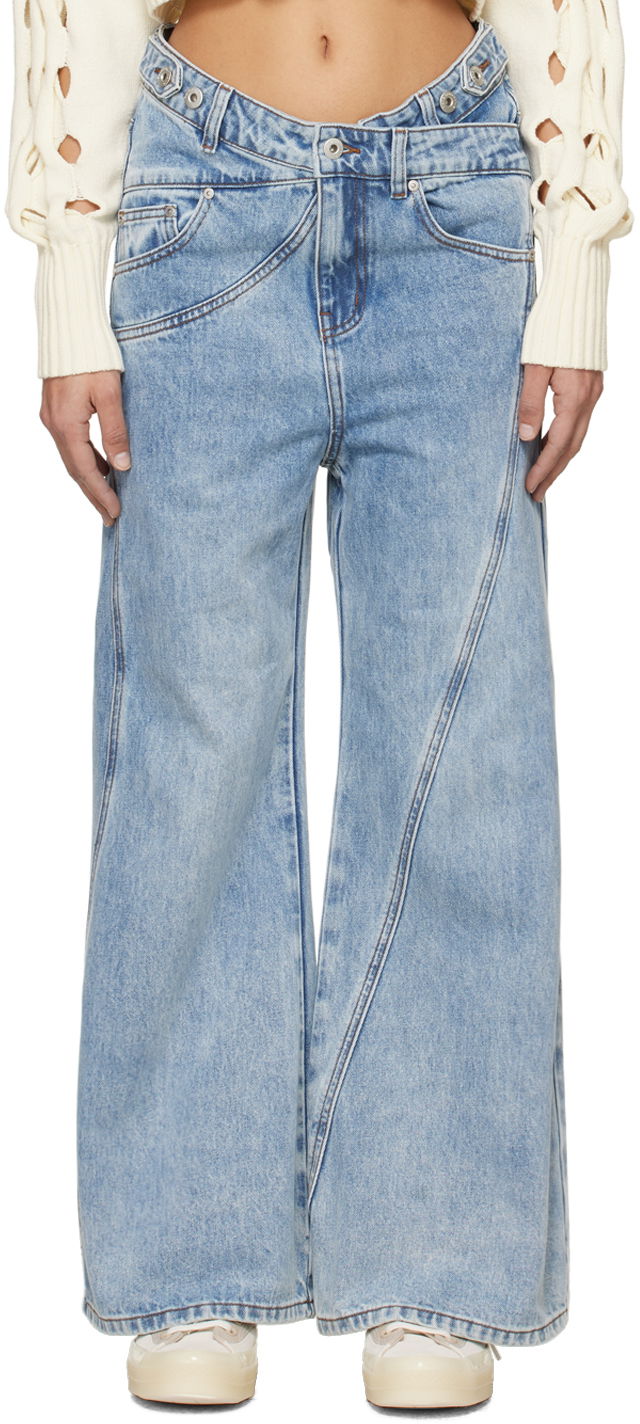 Jeans Feng Chen Wang Feng Chen Wang Cross Waistband Wide Leg Jeans Blå | FUS17TR02B
