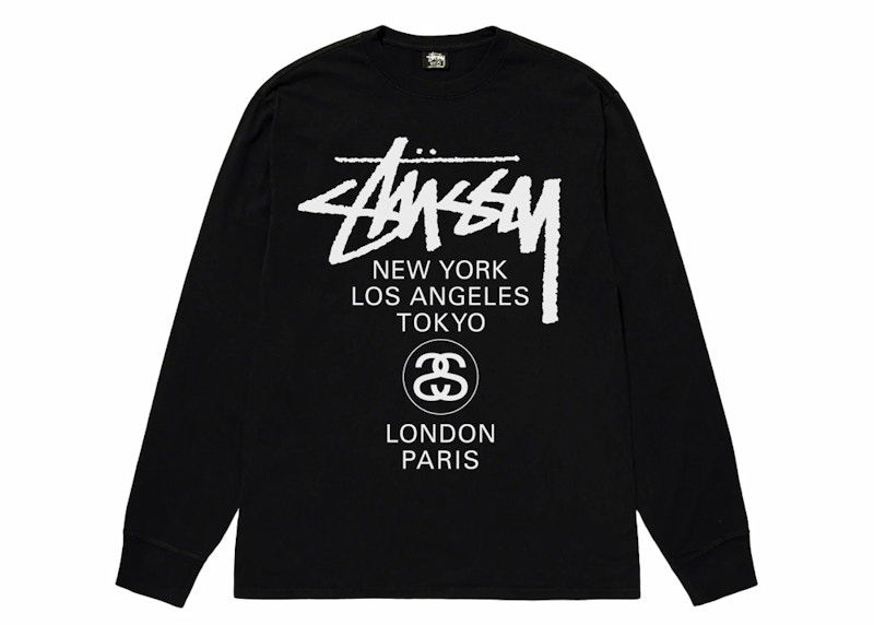 T-shirt Stüssy World Tour Long Sleeve T-Shirt Sort | 3993713-BLAC