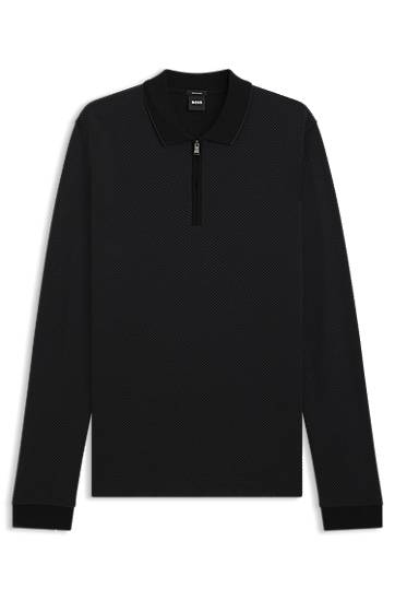Polo skjorte BOSS Mercerised-cotton long-sleeve quarter-zip polo shirt with two-tone structure Sort | 50549583, 0