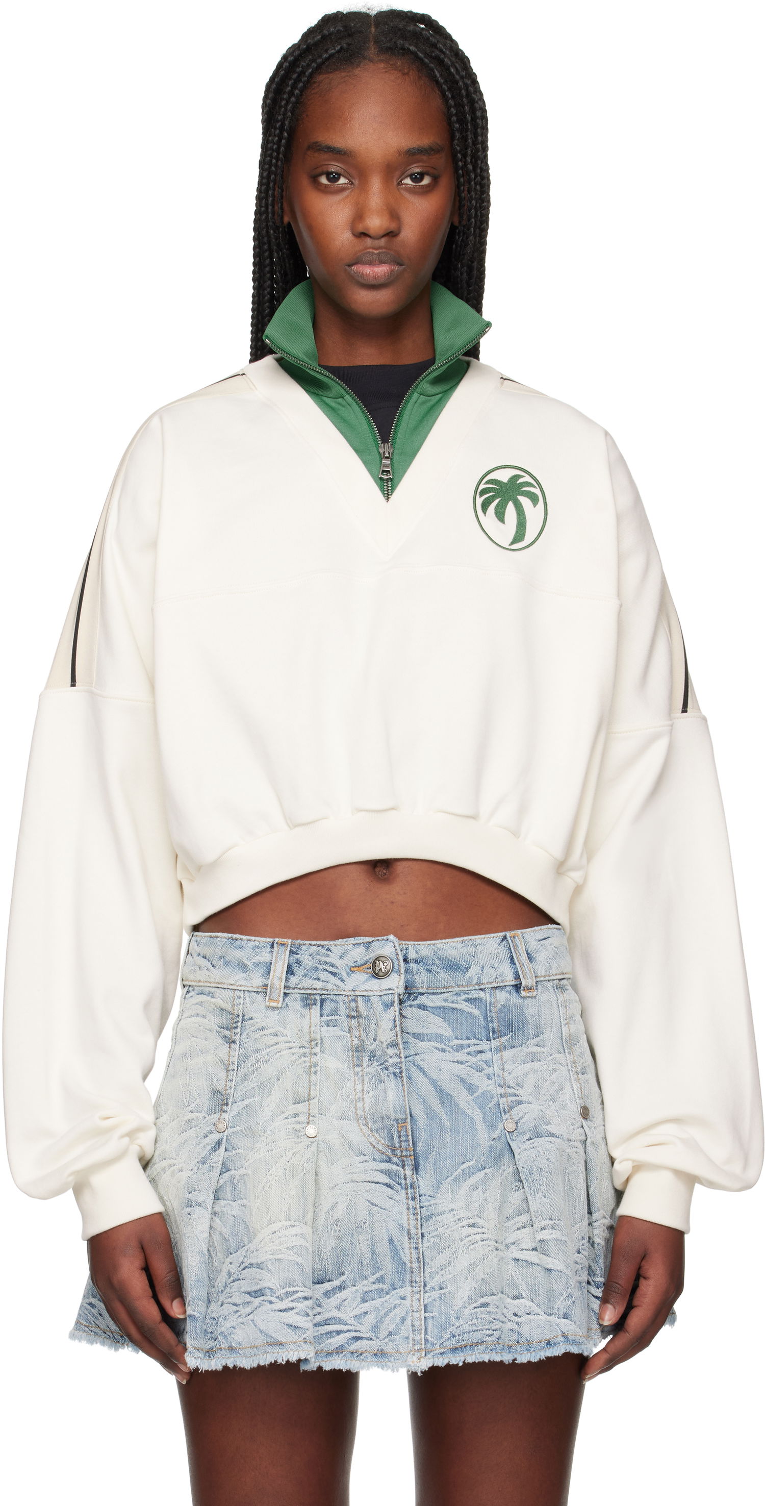Sweater Palm Angels Palm Angels Oval Palm Cropped Sweatshirt Hvid | PWBA055S25FLE0010357, 0