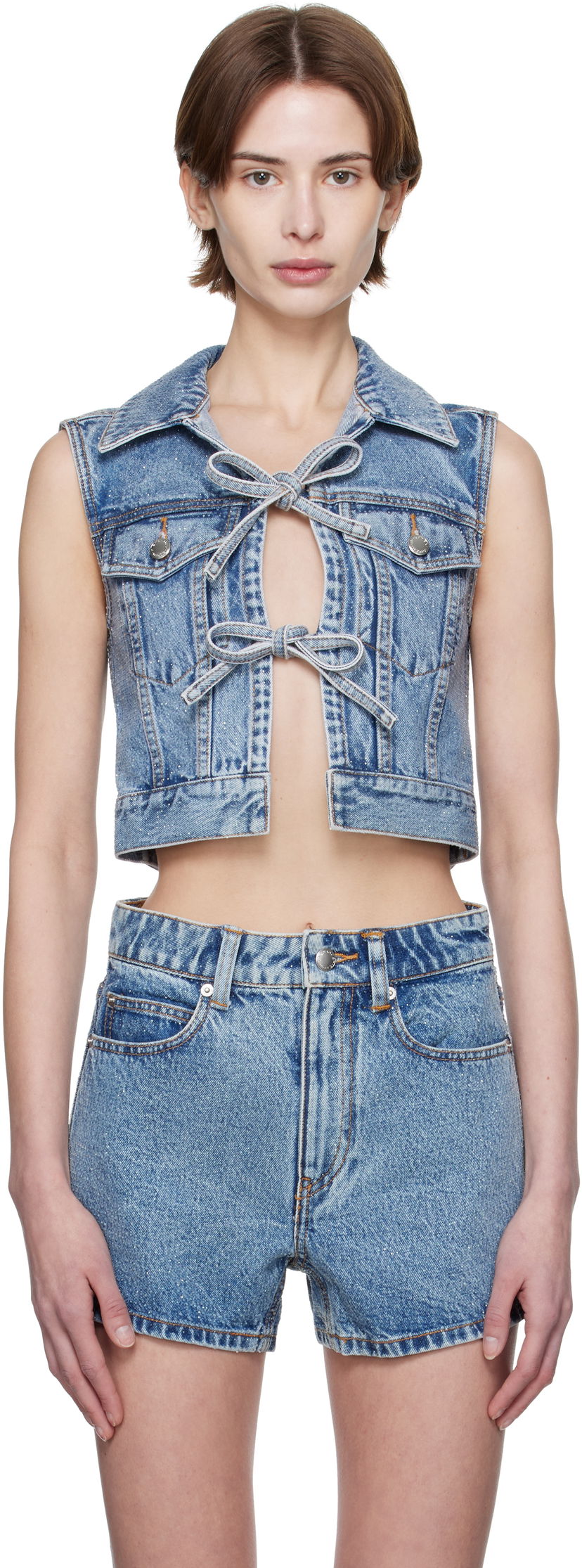 Vest Alexander Wang Alexander Wang Clear Bead Hotfix Cropped Denim Vest Blå | 1WC1251603