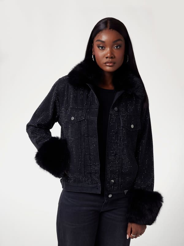 Jakke GUESS Faux Fur Trim Rhinestone Denim Jacket Sort | W4BN48D5HM1, 0