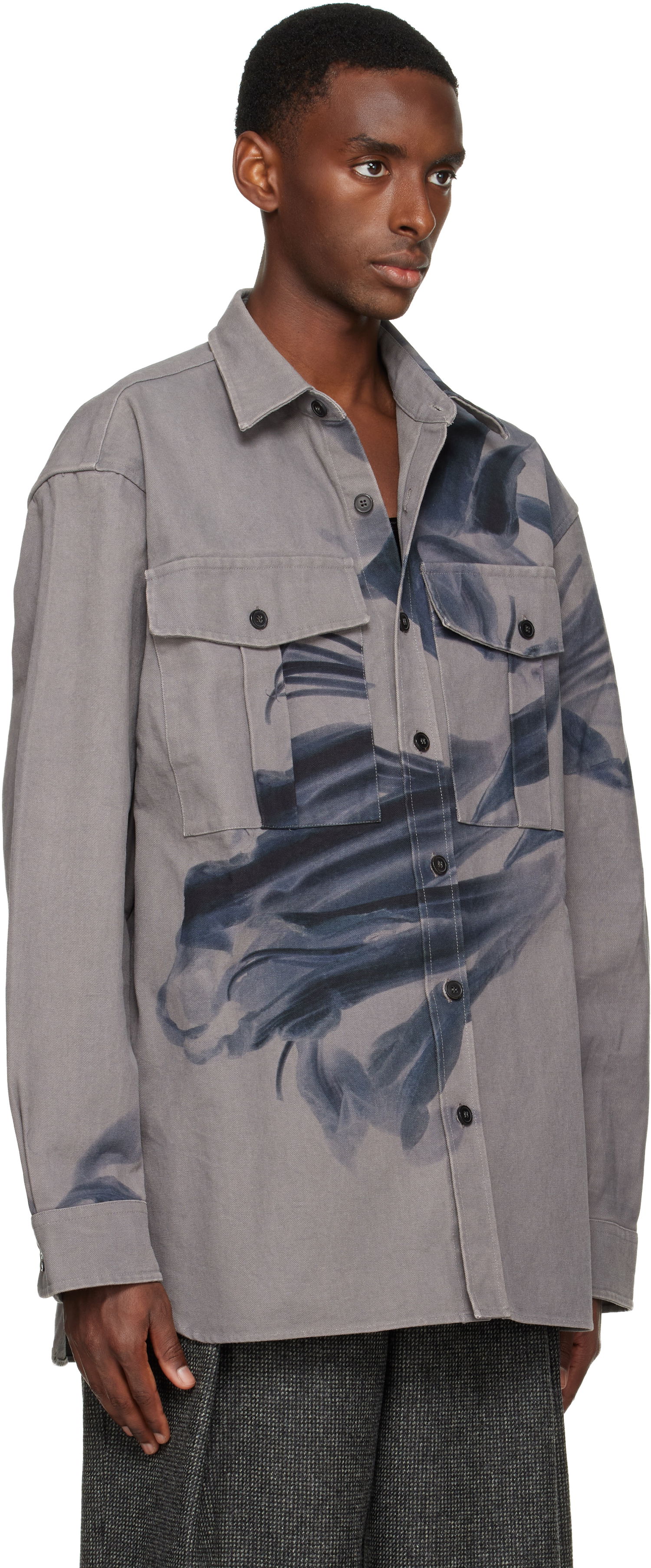Skjorte Dries Van Noten Dries Van Noten Abstract Leaf Print Oversized Cotton Shirt Grå | 252-020768-2368, 1