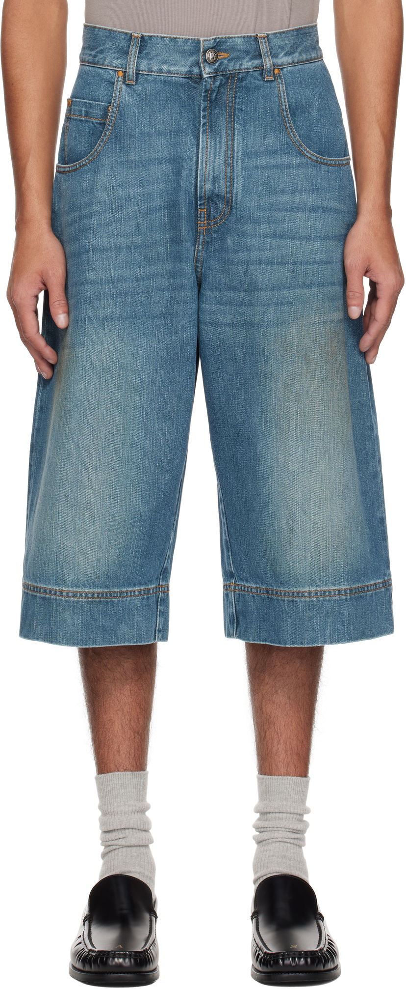 Shorts Palm Angels Palm Angels Curved Logo Denim Shorts Blå | PMYC007S25DEN0014555
