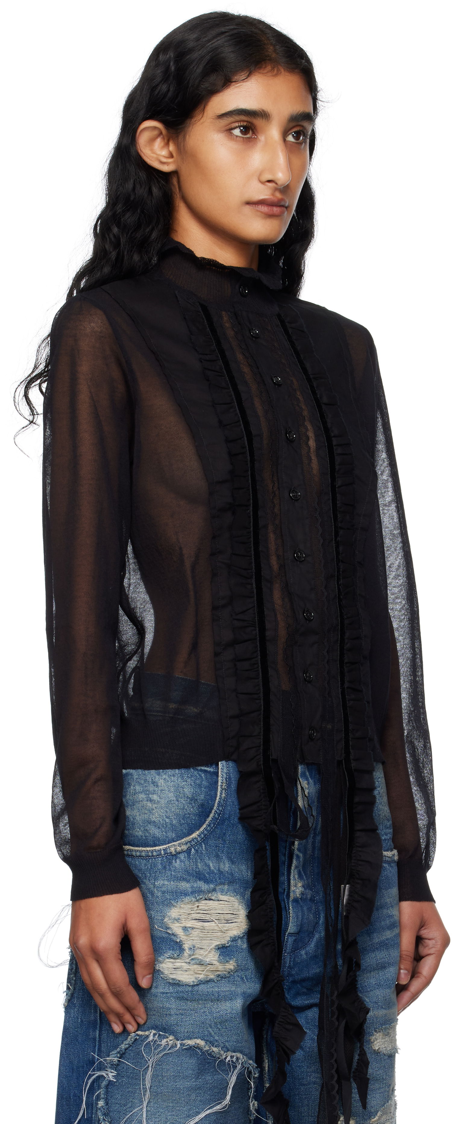Skjorte Ann Demeulemeester Ann Demeulemeester Monya Sheer Ruffle Blouse Sort | B0012852-KN008-099, 1