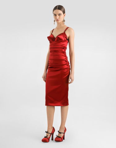 Kjole Dolce & Gabbana Dolce & Gabbana Draped Satin Calf-Length Dress with Conical Cups Rød | F6TNRTFURADR0046, 1