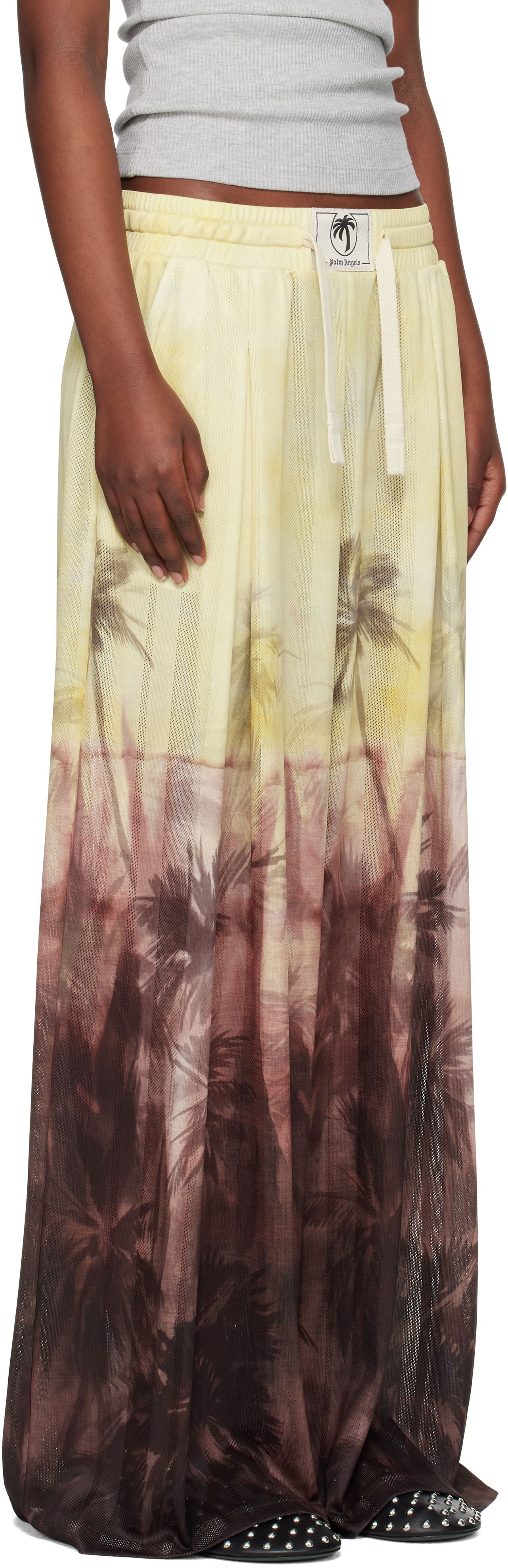Nederdel Palm Angels Palm Angels Sunset Palms Mesh Trousers Gul | PWCA154S25FAB0012010, 1
