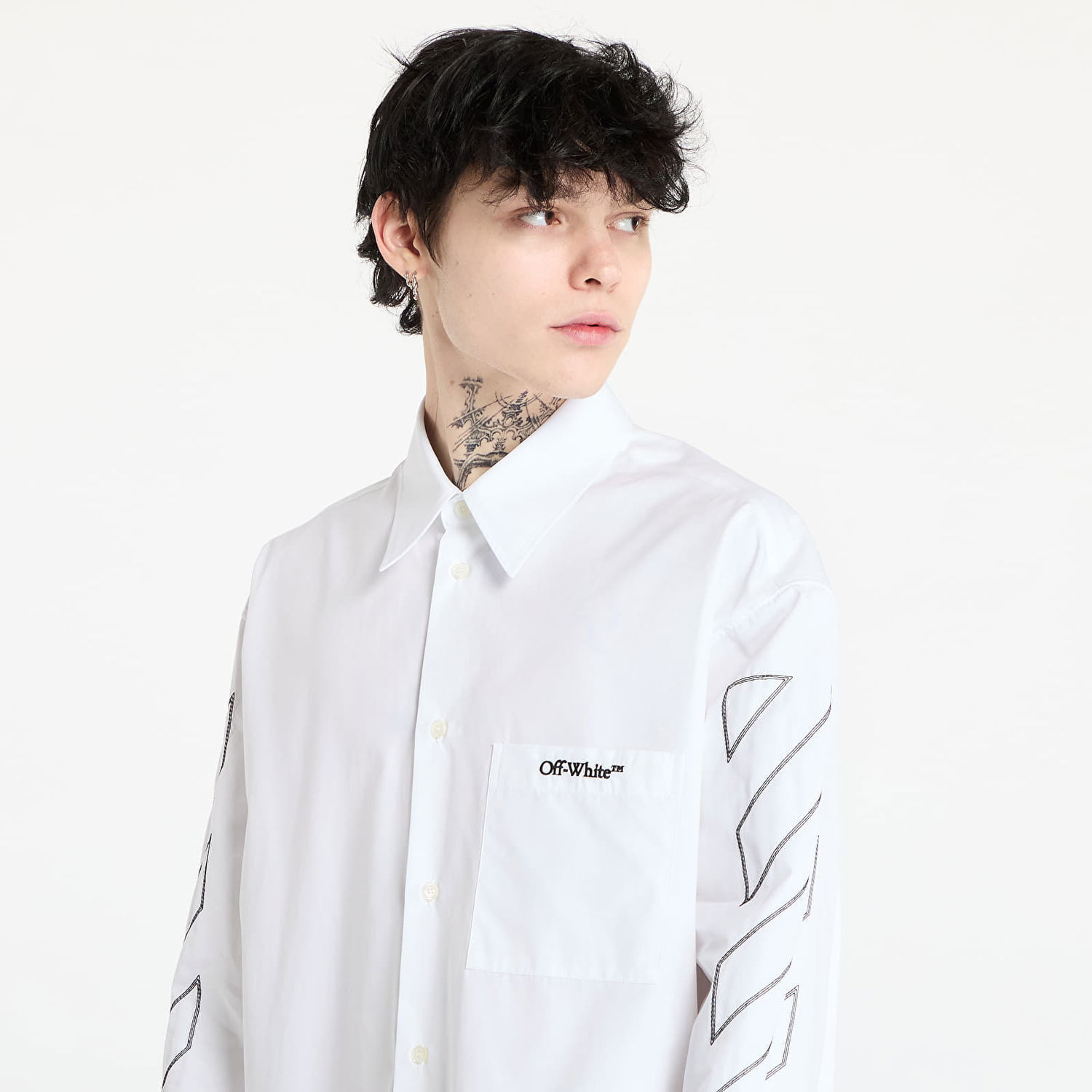 Skjorte Off-White Off-White Diag Outline Poplin Over Shirt Hvid | OMGE004S25FAB0020110, 1