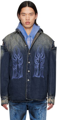 Gradient Denim Shirt with Tribal Embroidery and Cut-Out Shoulders