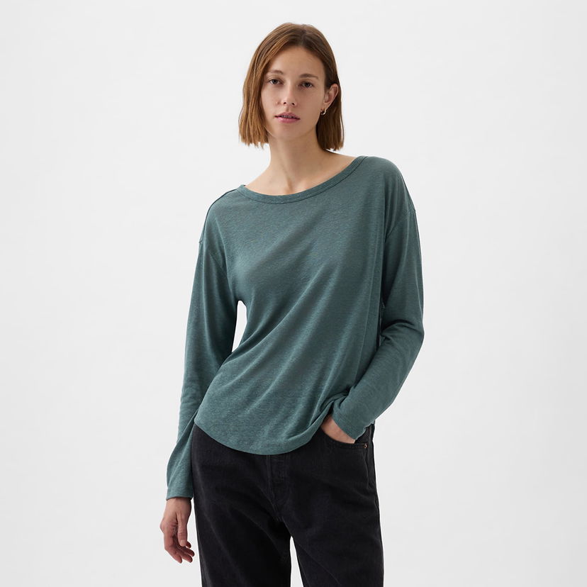 T-shirt GAP Top Longsleeve Linen Blend Boatneck Top Laurel Wreath Grøn | 878218-04