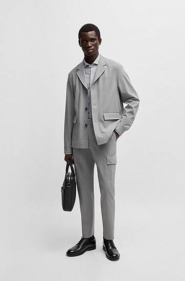 Skjorte BOSS Slim-Fit Cotton-Piqué Jersey Shirt Grå | 50527675, 1