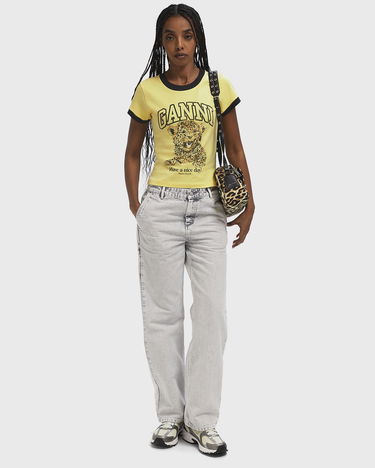 T-shirt GANNI Jersey Leopard Cub Graphic Ringer T-Shirt Gul | T4256-372, 2