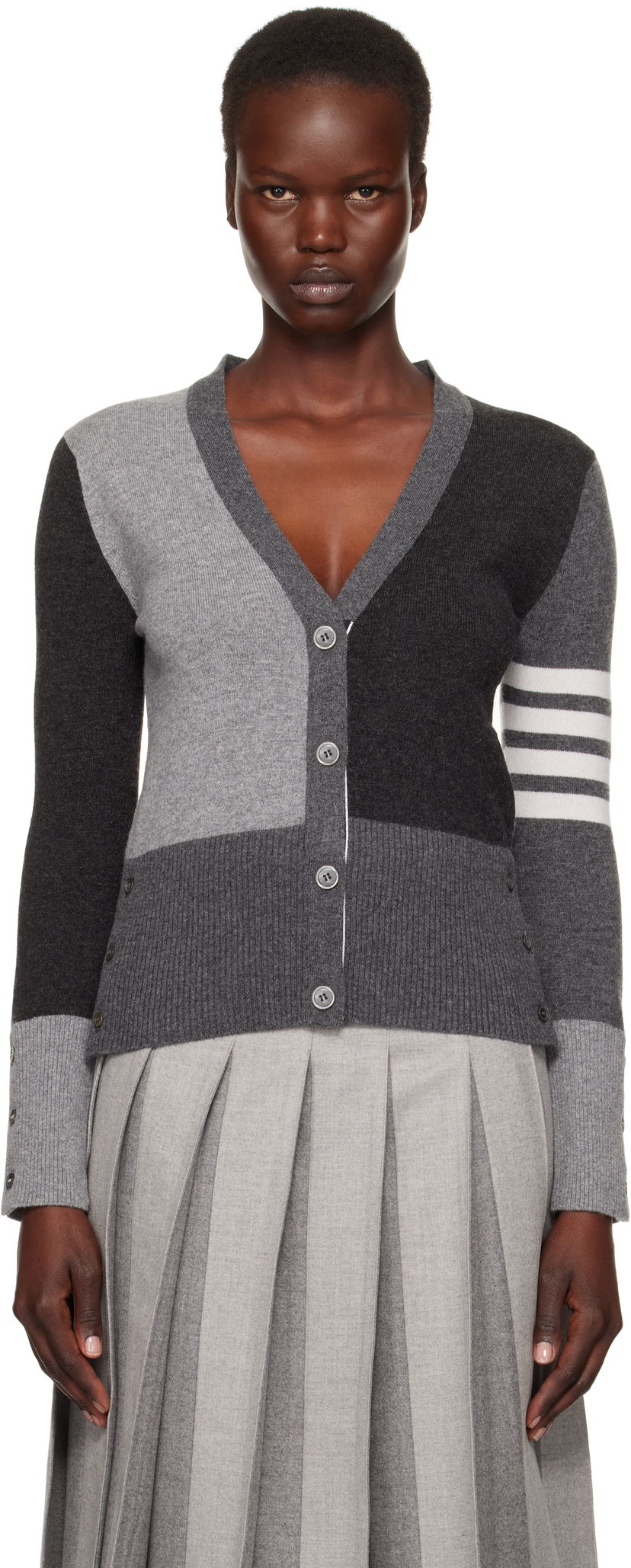 Sweater Thom Browne Funmix 4-Bar V-Neck Cardigan Grå | FKC001F-00011