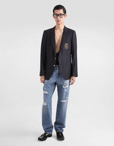 Jakke Dolce & Gabbana Single-Breasted Wool and Silk Jacket with Patch Sort | G2LK0ZFU3H1B0665, 1
