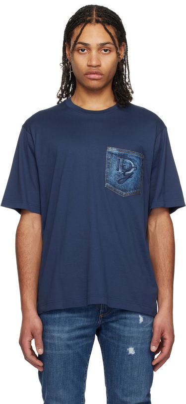 T-shirt Dolce & Gabbana Dolce&Gabbana Cotton T-Shirt with Denim Pocket and Logo Embroidery Blå | G8PN9ZG7O4J, 0