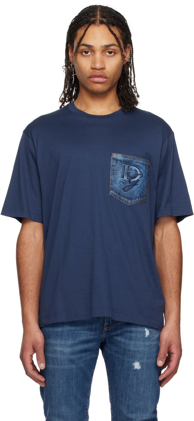 T-shirt Dolce & Gabbana Dolce&Gabbana Cotton T-Shirt with Denim Pocket and Logo Embroidery Blå | G8PN9ZG7O4J