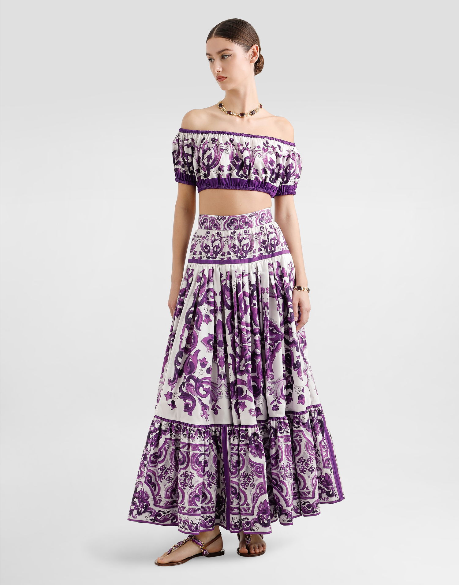 Nederdel Dolce & Gabbana Dolce & Gabbana Majolica Print Long Tiered Skirt Lilla | F4CX0THH5EWIP3TN, 1