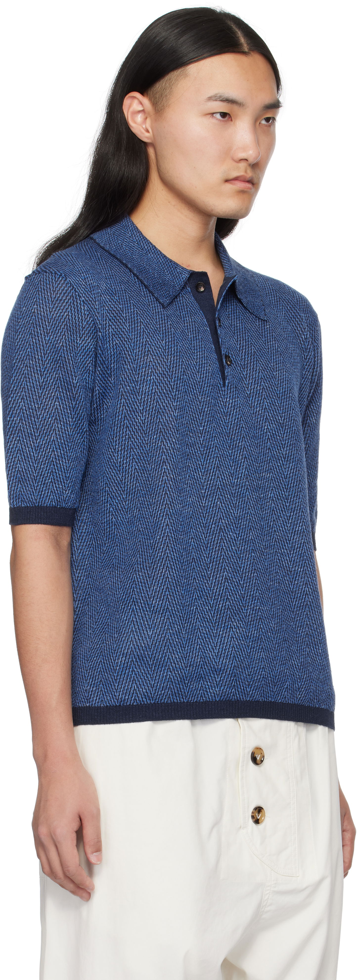 Polo skjorte Bottega Veneta Bottega Veneta Chevron Knit Linen Polo Blå | 809716V4VW04443, 1